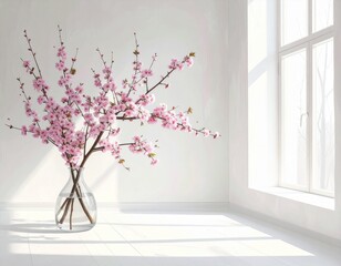 Pink cherry blossoms in a glass vase in a sunlit white room
