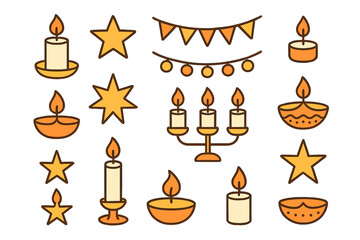 Collection of glowing candles oil lamps stars and festive string lights