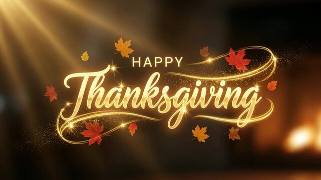 Happy thanksgiving day with golden text and autumn leaves on dark background