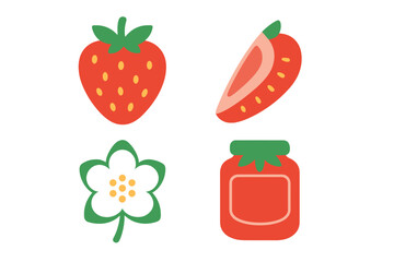 Stylized strawberry icons featuring whole fruit slice blossom and jam jar