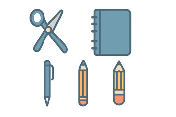 Fototapeta premium Basic stationery icons: scissors, notebook, pen, and pencils collection