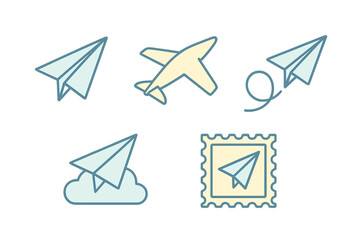 Set of paper airplane and airplane icons in gentle pastel colors