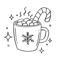 Hot cocoa mug with marshmallows, candy cane, and snowflake outline illustration, cozy winter drink in black and white cartoon style
