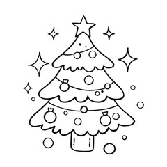 Decorated Christmas tree with star, baubles, and garlands outline illustration, festive icon in black and white cartoon style

