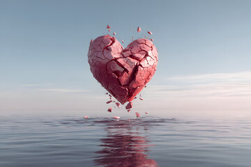 floating cracked heart hovering above calm reflective water creating a surreal emotional metaphor for pain and vulnerability