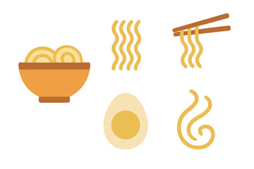 Noodle soup components icons collection with bowl and eating utensils