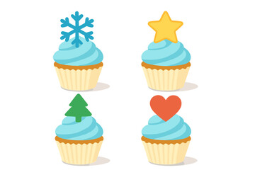 Four assorted cupcakes with holiday and love themed decorative toppers