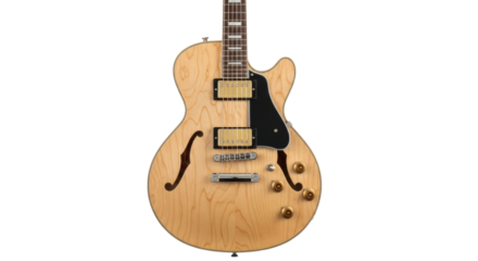 Pristine natural wood semi-hollow electric guitar with golden humbuckers, F-holes, and chrome pegs, centered on white studio background with copy space, concept of premium musicality