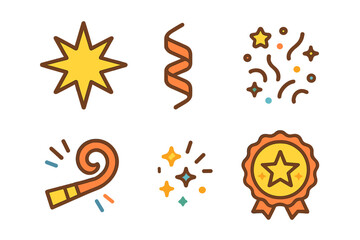 Colorful set of celebration and party icons with star, ribbon, and badge elements