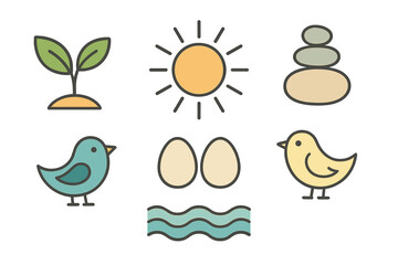 Spring nature icons featuring seedling sun birds eggs and water elements