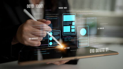 UI UX mockup showing application layout, structure, and code interface. UI design defines user flow, UI design improves clarity, UI design enhances experience, and UX design supports logic. Latch