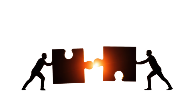 Two adult men, strong silhouettes, push/pulling massive abstract geometric puzzle pieces against a dramatic warm sunset sky, sun casting fiery light, teamwork concept - Powered by Adobe