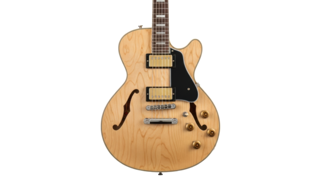 Pristine natural wood semi-hollow electric guitar with golden humbuckers, F-holes, and chrome pegs, centered on white studio background with copy space, concept of premium musicality