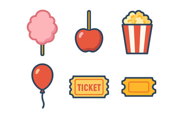 Set of colorful icons for carnival and fair food and entertainment