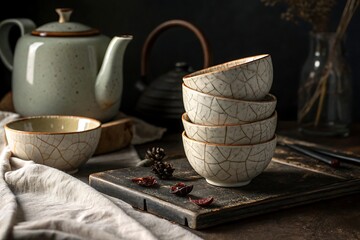 Elegant tea set with teapot and bowls on a wooden board in dark light