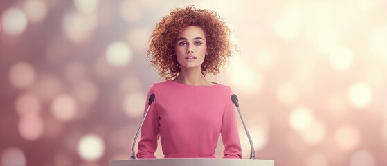 The woman at the podium delivering a poised confident speech against a soft bokeh background