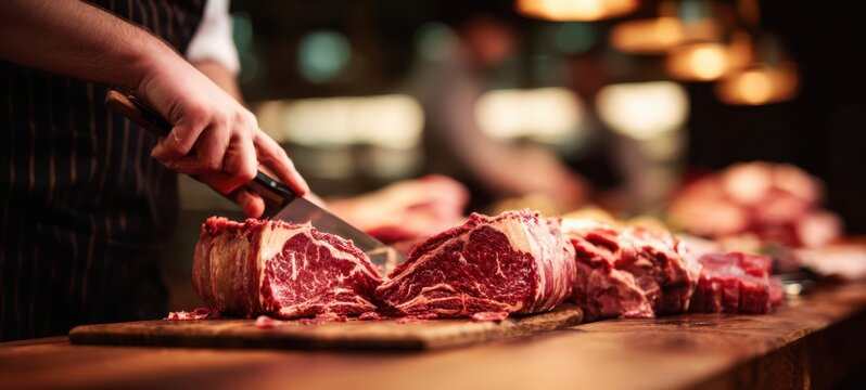 The Ribeye Steaks Being Trimmed by a Butcher in Warm Kitchen - Powered by Adobe