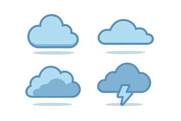 Stylized blue weather cloud icons featuring shadows and a lightning storm
