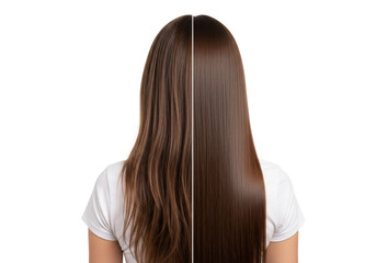 Naklejka premium Young adult woman with long, straight, brown hair, seen from back against transparent studio background with copy space, showcasing dramatic 'before & after' hair transformation. Concept for beauty