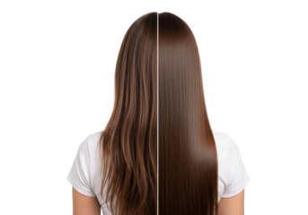 Young adult woman with long, straight, brown hair, seen from back against transparent studio background with copy space, showcasing dramatic 'before & after' hair transformation. Concept for beauty