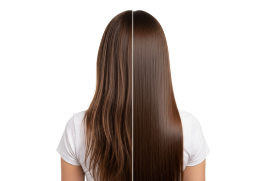 Young adult woman with long, straight, brown hair, seen from back against transparent studio background with copy space, showcasing dramatic 'before & after' hair transformation. Concept for beauty