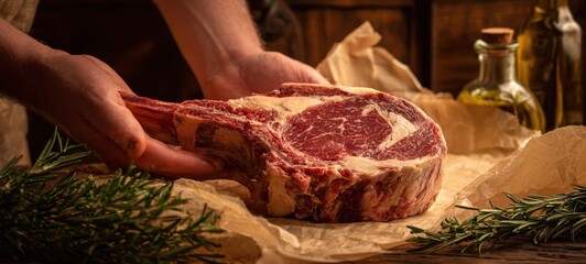 The Tomahawk Steak with Fresh Rosemary and Olive Oil Ready for Grilling