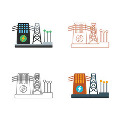 Set of four stylized illustrations depicting renewable energy sources and power infrastructure