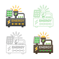 Set of four illustrations depicting solar energy generation and sustainable power solutions