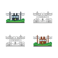 Four stylized illustrations of a small electrical substation with power lines and green landscaping