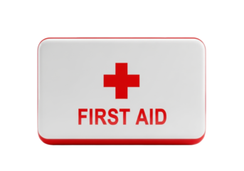 Classic rectangular first aid kit box, white lid, red cross, 'FIRST AID' text, bright red base, smooth, transparent background, copy space, concept of emergency medical preparedness and reliability