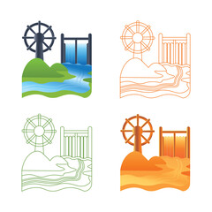Four stylized illustrations of a water wheel and gate system in different color palettes