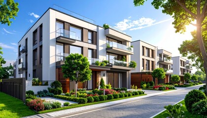 Fototapeta premium New modern block of flat, condo architecture. Residential apartment flat, luxury house complex. City real estate property
