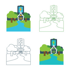 Four stylized illustrations of a park scene with a river trees and a sign