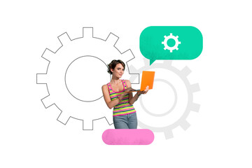 Creative poster banner 3d collage photo of happy girl freelancer hold laptop gearwheel optimization progress statistics cloud