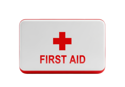 Classic rectangular first aid kit box, white lid, red cross, 'FIRST AID' text, bright red base, smooth, transparent background, copy space, concept of emergency medical preparedness and reliability