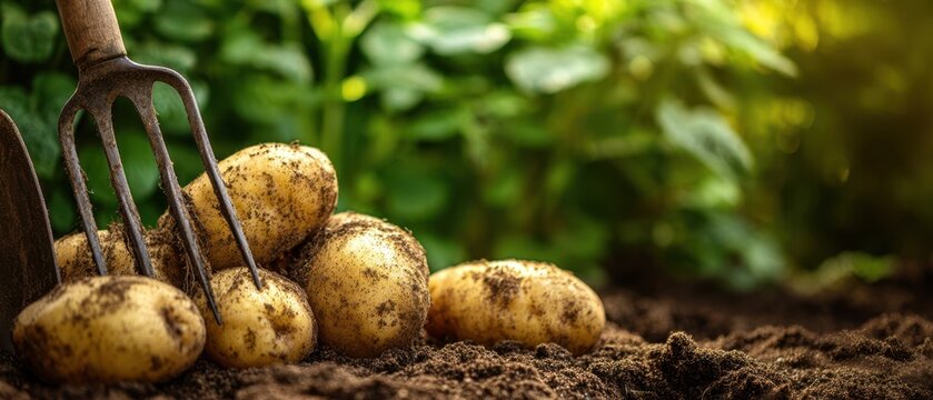 The potatoes freshly harvested in garden soil with fork and morning sunlight