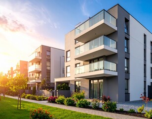 Fototapeta premium New modern block of flat, condo architecture. Residential apartment flat, luxury house complex. City real estate property