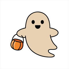 Fototapeta premium Cute happy ghost carrying pumpkin candy bucket for halloween trick or treat
