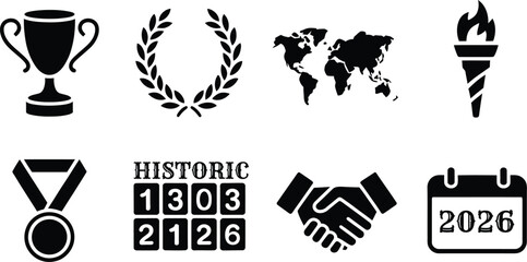 Sports and Achievement Icons with Trophy Laurel Wreath World Map Torch Medal Historic Scoreboard Handshake and Calendar
