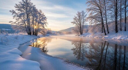 Serene winter landscape with a calm river reflecting the golden sunrise and snow covered trees