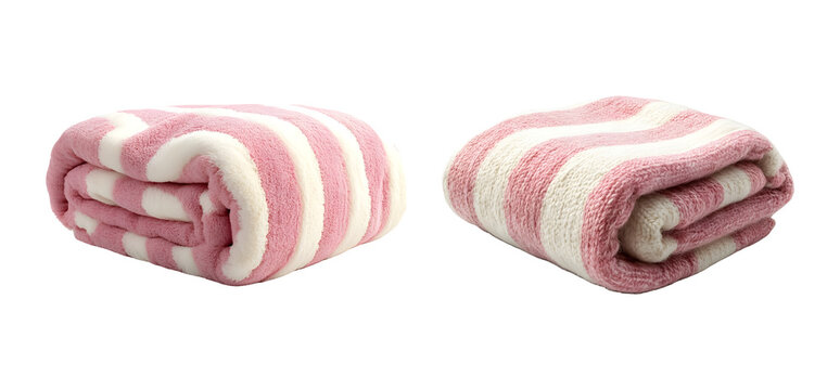 Set of Folded Pink and White Striped Blanket on Transparent Background