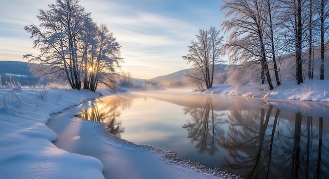 Serene winter landscape with a calm river reflecting the golden sunrise and snow covered trees - Powered by Adobe