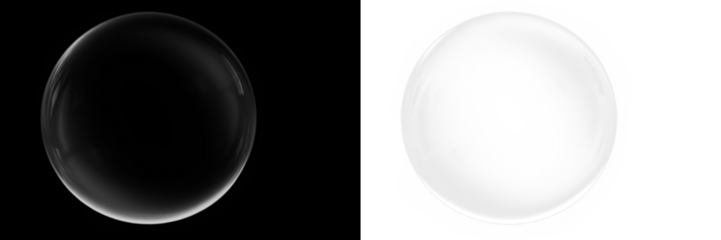 Transparent bubble overlay on contrasting black and white backgrounds, showcasing reflections and light effects, ideal for creative design projects and artistic compositions