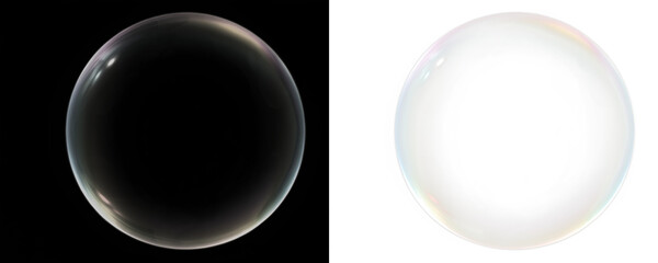 Transparent soap bubble overlay on black and white backgrounds, showcasing delicate surface reflections and vibrant colors, ideal for creative design projects and artistic compositions