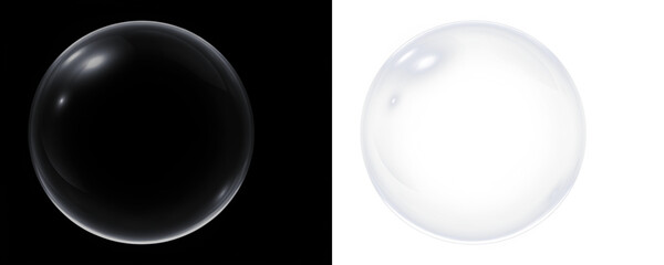 Transparent bubble overlay on black and white backgrounds, showcasing glossy texture and reflective surface, ideal for creative design projects and visual storytelling