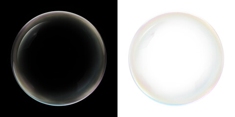 Transparent soap bubble overlay on black and white backgrounds, showcasing reflections and light refraction, ideal for creative design and artistic projects with copy space