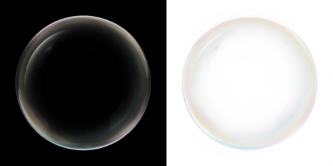 Transparent soap bubble overlay on black and white backgrounds, showcasing reflections and light refraction, ideal for creative design and artistic projects with copy space