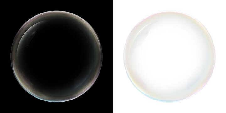 Transparent soap bubble overlay on black and white backgrounds, showcasing reflections and light refraction, ideal for creative design and artistic projects with copy space