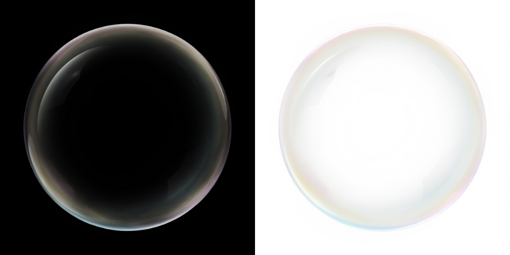 Transparent soap bubble overlay on black and white backgrounds, showcasing reflections and light refraction, ideal for creative design and artistic projects with copy space