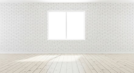 Bright minimalist interior scene with white window and sunlight streaming onto wooden floor